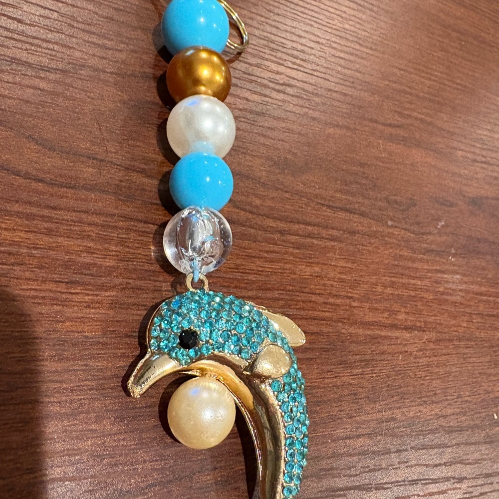 Dolphin Bag Charm with Blue and Gold Beads